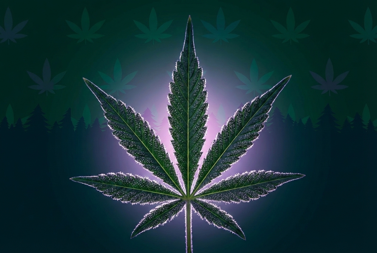 A high-contrast, moody photograph of a classic cannabis leaf illuminated from behind, highlighting the trichomes glistening like diamonds against a deep emerald green background.