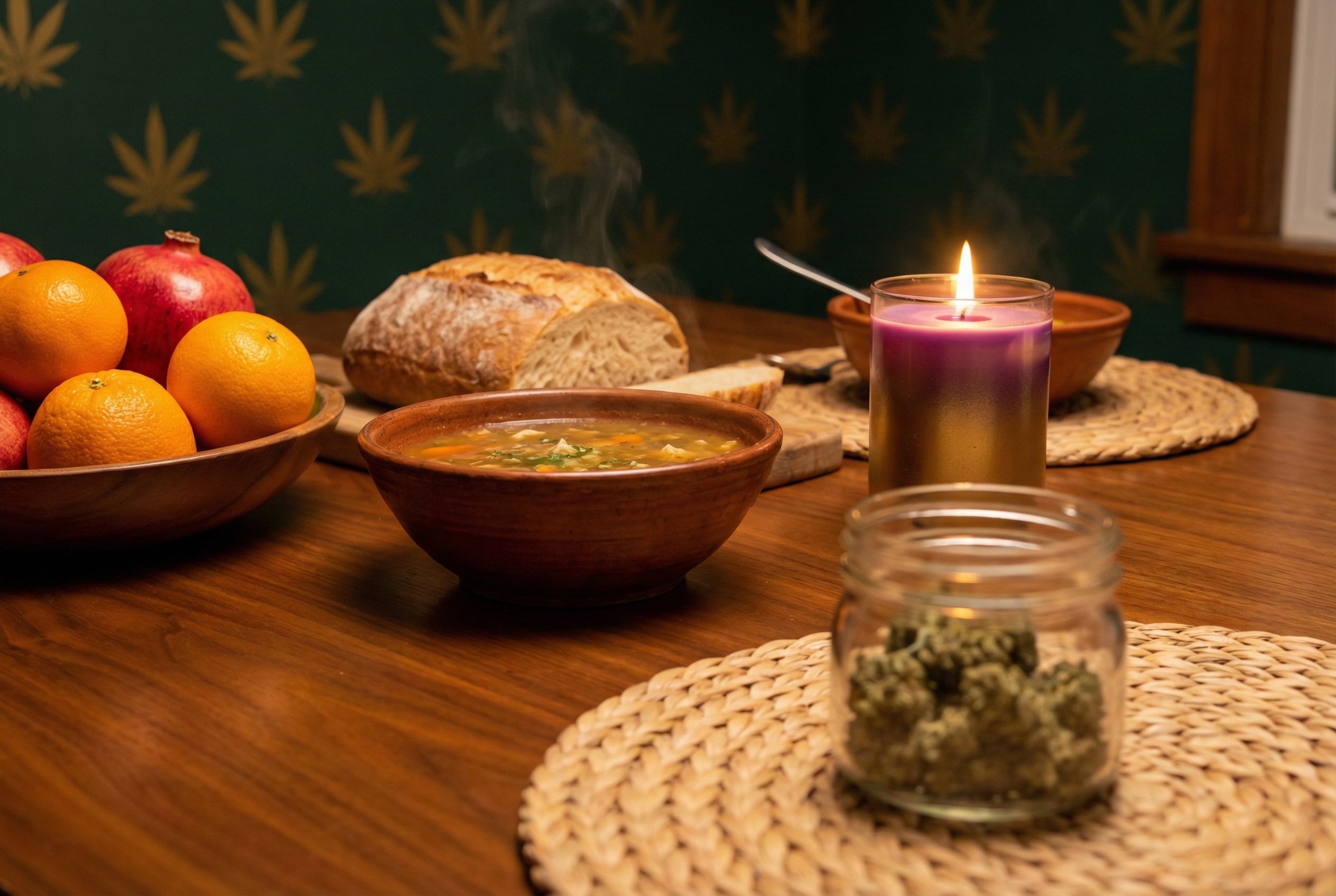 A warm, cinematic shot of a dinner table set with comfort food—soup, bread, vibrant fruits. A small jar of cannabis flower sits in the foreground.
