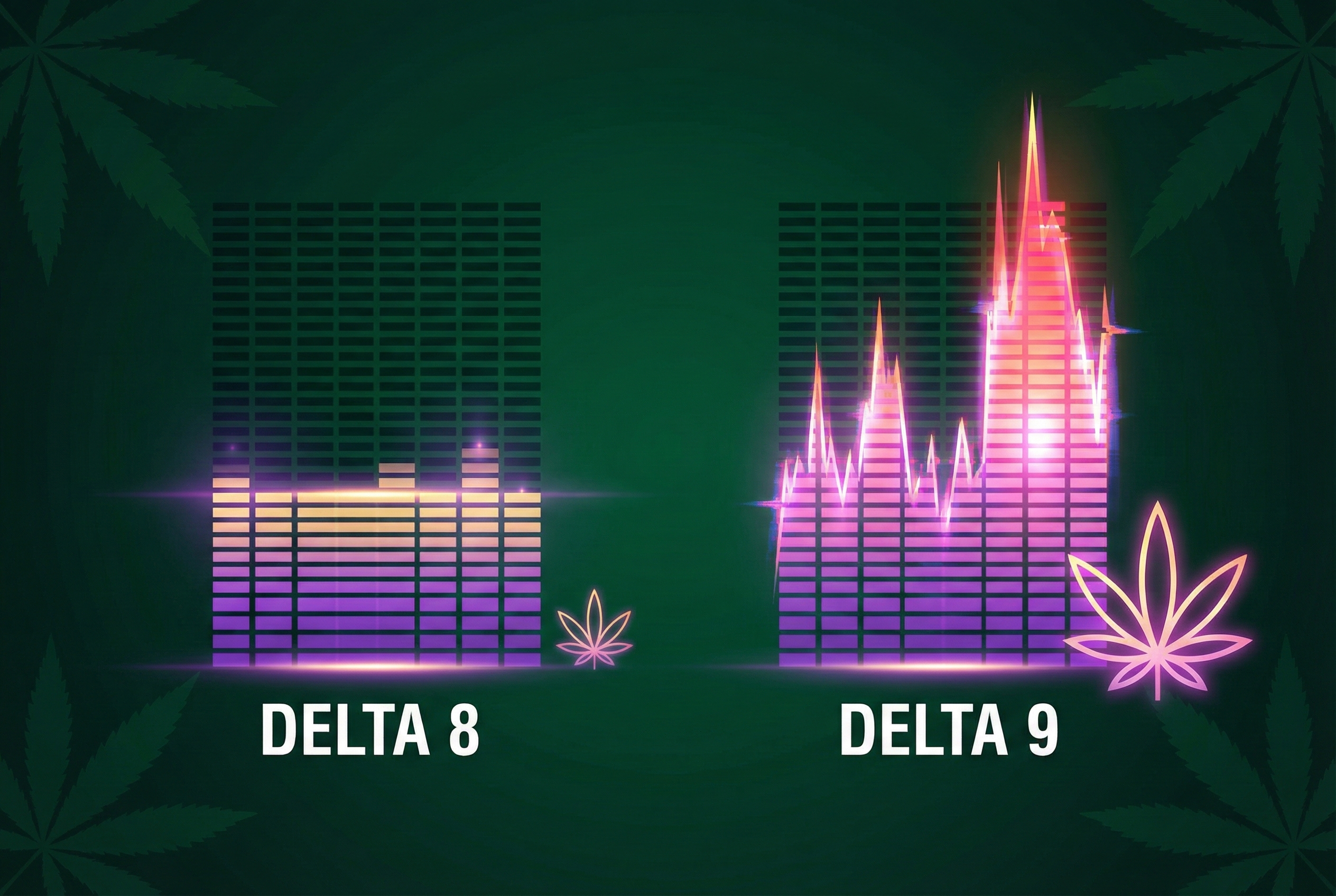 A conceptual illustration showing two audio equalizer bars. The 'Delta 8' bar is steady, while the 'Delta 9' bar is spiking high into the red zone.